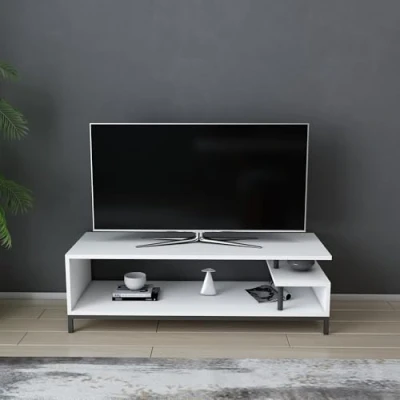 Afbeelding van Kyrisa design TV meubel L120cm Zwart metaal en wit hout Menzzo