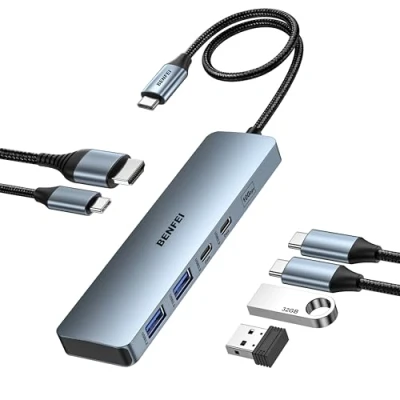 Afbeelding van BENFEI USB C HUB 6 in 1 met HDMI (4K @60Hz), 100W Power Delivery, 10Gbps 2* A en C, siliconen kabel, aluminium hoes compatibel iPhone 15 Pro/Max, MacBook, iPad Pro, iMac, S23, XPS17