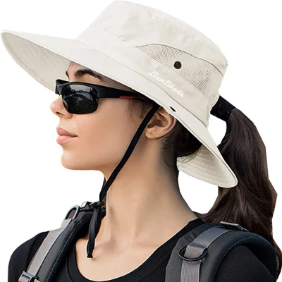 Afbeelding van Zonnehoed Dames Brede Rand Met UPF Bescherming En Ademend Netwerk 1 Stuk Beige