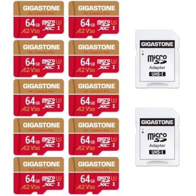 Afbeelding van Gigastone 64GB 10 pack micro SD geheugenkaart, 4K Camera Pro, SDXC UHS I A2 U3 V30, 95/35 MB/s lees en schrijfsnelheid, geschikt voor Aktiecamera, GoPro, DJI, met adapters