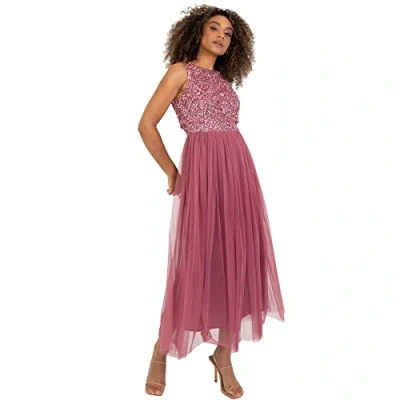 Afbeelding van Maya Deluxe Vrouwen Midaxi Jurk Dames Mouwloze Pailletten Hoge Empire Taille Tule Versierd voor Bruiloft Gast Bal Bruidsmeisje, Woestijnroos, 40