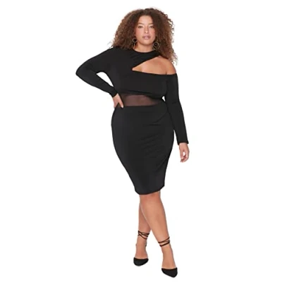 Afbeelding van Trendyol Dames Plus Size Midi Basic Regular Fit Gebreide Jurk, zwart, 3XL/Grote maten