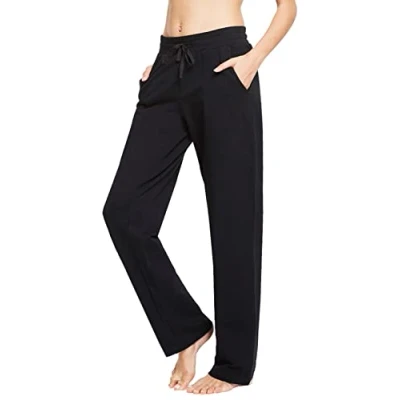 Afbeelding van BALEAF Yogabroek voor dames, katoen, lange joggingbroek, vrijetijdsbroek, slagbroek, buikcontrole, werk, sportbroek met zakken, zwart, S