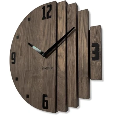 Afbeelding van FLEXISTYLE wandklok Asymmetrie Eiken badkamer woonkamer hout modern diameter zonder tikkende geluiden houtlook (eiken/bruin, 30 cm)