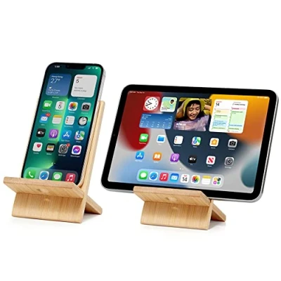 Afbeelding van FadyDail Bamboe Mobiele Telefoon Stand met Oplaadgat, Afneembare Houten Houder Bureau Tablet Desktop Dock Cradle voor iPhone iPad en Alle Telefoons