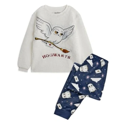 Afbeelding van Harry Potter kinderpyjamaset Hogwarts Hedwig Sherpafleecetop met lange mouwen en loungewearbroek all over print Complete bijpassende nachtkledingbundel Film Magic Merchandise kleding cadeau