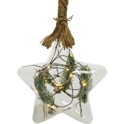 Afbeelding van Kerstster met jute touw en 15 LED lampjes 20cm Helder glas