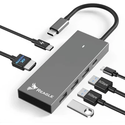 Afbeelding van Reagle USB C Hub 6 in 1 met HDMI 4K 60Hz, 2K 144Hz, 100W PD, 3X 3.2, gegevensoverdracht, aluminium behuizing voor MacBook, iPad, laptops