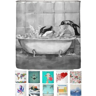 Afbeelding van arteneur® Pinguïns, antischimmel douchegordijn 180 x 200 cm, gerecycled met Oeko Tex Standard 100, verzwaarde zoom, ondoorzichtig, waterdicht, wasbaar, 12 ringen en e book (mogelijk niet beschikbaar