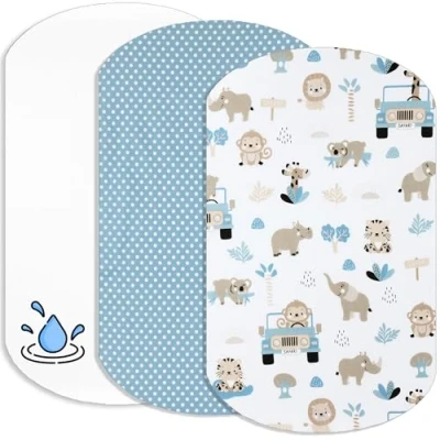 Afbeelding van Lovely Hippo Cododo hoeslaken + 1 matrasbeschermer, compatibel met Bébé 100% katoen matrasbeschermer waterdicht (safari blauw, 60 x 80 cm)