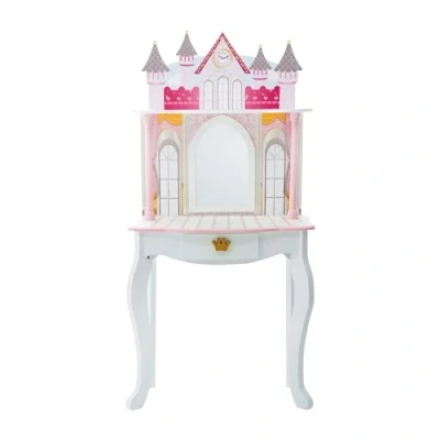 Afbeelding van Teamson Kids Houten Kaptafel Kinderen Tafel en Stoel Set Dromenland Kasteel Ontwerp Omvat 4 Poppen Accessoires Wit/Roze