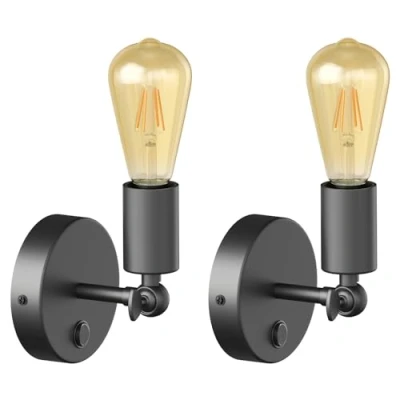 Afbeelding van ledscom.de 2 stuks vintage E27 wandlamp FETRO met schakelaar, zwart, draaibaar, incl. lamp retro goud, extra warm wit 489lm