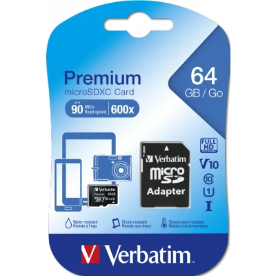 Afbeelding van Verbatim microSDXC kaart 64 GB, Premium, klasse 10, U1 (R) 90 MB/s, (W) 10 SD adapter, blister