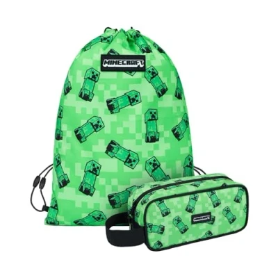 Afbeelding van Baagl Minecraft pennenetui en gymtassenset, 2 delig, voor jongens meisjes, schooltas, gymtas, pennenetui, schoenentas, tieners, kinderetui, Creeper, Etui