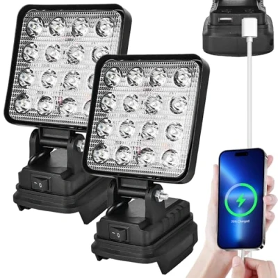 Afbeelding van 2 stuks accu led werklampen voor Makita 18 V, 27 W bouwlamp, acculamp met USB opladen, draagbare spot, accuschijnwerper, bouwplaatslamp V