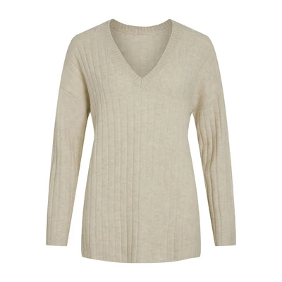 Afbeelding van Vila Vimiraz L S Rev V Neck Knit Pullove 14099672 Wolwit ecru Dames The Stone