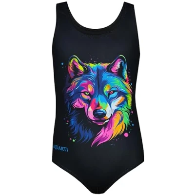 Afbeelding van Aquarti Meisjes Badpak met Racerback en Dolfijn Print, Wolf/Zwart, 164