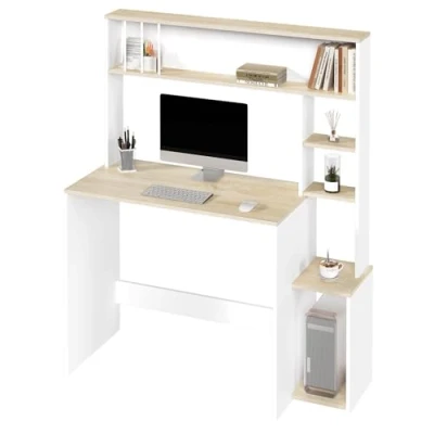 Afbeelding van eSituro bureau, computertafel met boekenkast, bureau 5 planken, 113,5 x 45 cm, computertafel, Scandinavisch kinderbureau, slaapkamer, kantoor, eiken en wit