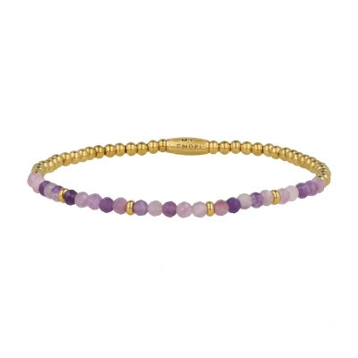 Afbeelding van My Bendel Goudkleurige armband Lilac Quartz edelstenen bolletjes Met echte White Aventurine luxe cadeauverpakking