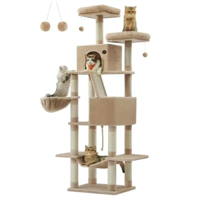 Afbeelding van Feandrea krabpaal groot, 206 cm hoog, XXL krabpaal, met 13 krabpalen, 2 platformen, grotten, mand, hangmat, pluche ballen, multi stapel kattenkrabpaal, camel bruin PCT190K01