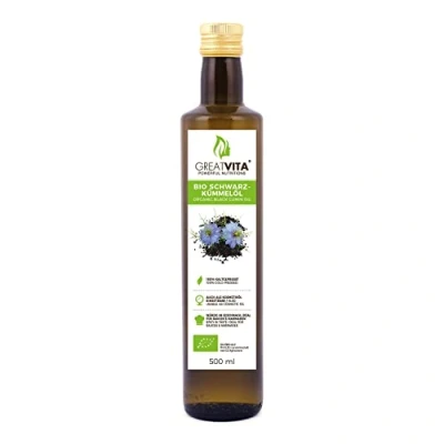 Afbeelding van MeaVita Bio zwarte komijnolie, koudgeperst, (1 x 500 ml) gefilterd en voorzichtig geperst, rijk aan onverzadigde vetzuren