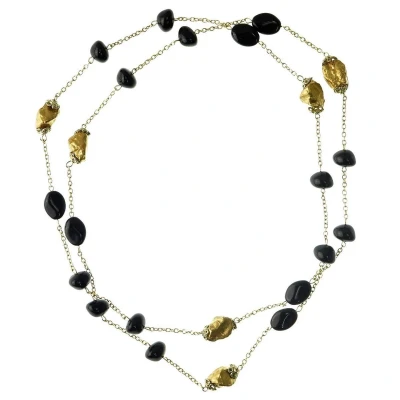Afbeelding van Behave Lange ketting goud kleur met zwarte kralen 120 cm