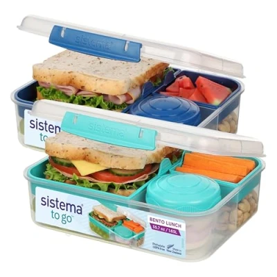 Afbeelding van SISTEMA TO GO Bento boxkubus, 1,65 liter, schoolbroodtrommels met vakken en snackpotten, BPA vrij, 2 stuks, Minty Teal &amp; Ocean Blue