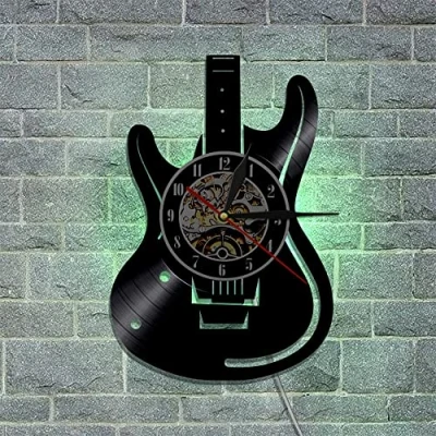 Afbeelding van Smotly Vinyl wandklok, gitaarinstrument thema grafische wandklok met LED nachtlampfunctie, cadeau voor muziekliefhebbers.