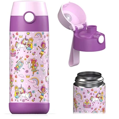Afbeelding van Jarlson® Drinkfles voor kinderen, van roestvrij staal, BPA vrij, lekvrij, kinderfles met Chug deksel, fles school, kleuterschool, 350 ml (model Prinses, ml)