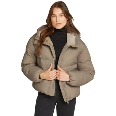 Afbeelding van Calvin Klein Jeans Dames LOGO KORTE HOODED Puffer J20J224112, Jacket, Grijs, M, Grijs (Brindle), M
