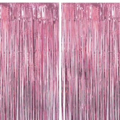 Afbeelding van 2 Lametta Metalen Gordijnen Roze, Folie Gordijn, Achtergrond Ringgordijnen voor Verjaardag, Partij, Bruiloft. Decoratie Pink