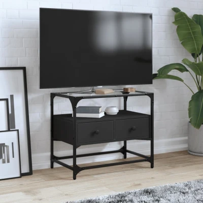 Afbeelding van Tv meubel met glazen blad 60x35x51 cm bewerkt hout zwart