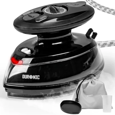 Afbeelding van Duronic SI3 BK Reis Stoomstrijkijzer zwart 400 W mini strijkijzer met stoomgenerator verticaal strijken waterreservoir 35 ml reistas &amp; hitte bestendige siliconen plank bijgeleverd