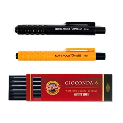 Afbeelding van KOH I NOOR 5301 Plastic potlood zonder stiftslijper Set van 3, stiftdikte 5,6 mm oranje en zwart gemengde 6 stuks grafiet vullingen 2B, 4B, 6B