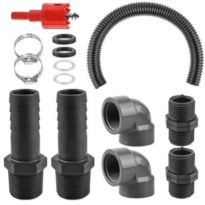 Afbeelding van 25 mm (1 inch) regentonverbindingsset, 50 cm verbindingsslang en 2 stuks regentondoorvoer, buitendraad met contramoer, regentonverbinding voor regenton, reservoirs, watertanks