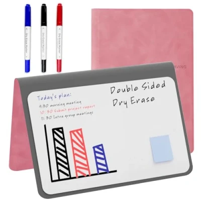 Afbeelding van NEWYES Mini whiteboard A5, afwasbaar memobord, draagbaar met 3 kleurstiften, geschikt voor het vasthouden van vergadernotities, boodschappenlijstjes, huishoudplan en to do lijsten, roze
