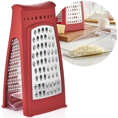 Afbeelding van uandu Keukenrasp, dubbele kantiek, grof en fijn rasp, met opvangbak, rasp van roestvrij staal, antislip, geschikt voor fruit, groenten, kaas, knoflook, groenterasp, keuken, rood