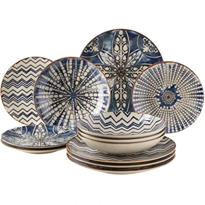 Afbeelding van MÄSER 934017 Iberico Blue 12 delig tafelservies voor 4 personen in Moorse stijl, bordenset met verschillende vintage patronen wit en blauw aardewerk