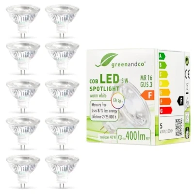 Afbeelding van 10x greenandco® CRI 90+ LED spot vervangt 40 Watt MR16 GU5.3 halogeenspot, 5W 400 lumen 3000K warm wit 38 12V AC/DC, niet dimbaar