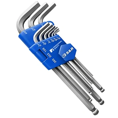 Afbeelding van S&amp;R Inbussleutel set HX met kogeleinde, lang, 9 stuks 1/16 3/8 inch, in kunststof clip
