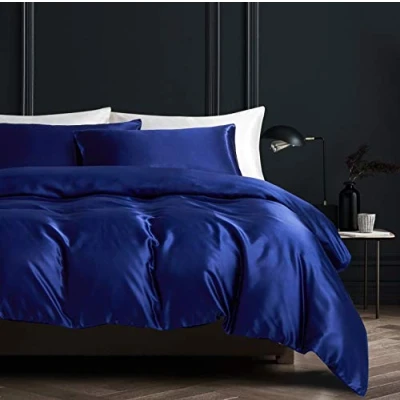 Afbeelding van Damier Beddengoed, 220 x 240 cm, blauw donkerblauw, 3 delig, effen, hoogwaardig satijn, luxe dekbedovertrek met ritssluiting en 2 kussenslopen 80 cm