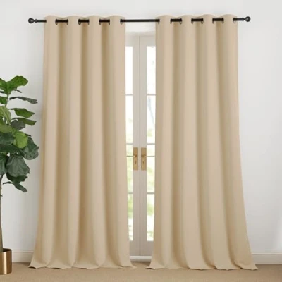 Afbeelding van NICETOWN Gordijnen, isolerend, koudebescherming, ondoorzichtig, beige, 240 cm lang, gordijnen met ringen, woonkamer, overgordijnen, modern, set van 2, Biscotti beige H x B 140