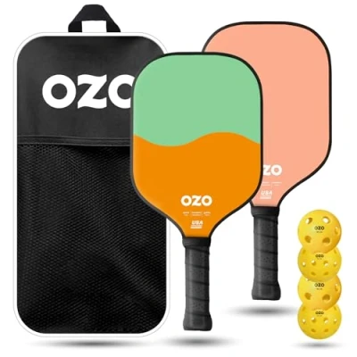 Afbeelding van OZO Pickleball Set van 2 paddles + 4 ballen Spark Fusion Essence Pink Inceptra Gelato Pistachio &amp; Melon (Beginner Control Paddles) injectieballen (2xIndoor+2xOutdoor)+Draagtas