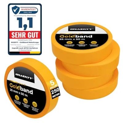 Afbeelding van HASKYY Goldband afplakband 5 x schilderstape 25 mm 50 m professionele schildertape washi tape goud papiertape zelfklevend