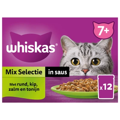 Afbeelding van Whiskas 7+ Mix Selectie In Saus Maaltijdzakjes Multipack Kattenvoer 12x85 g