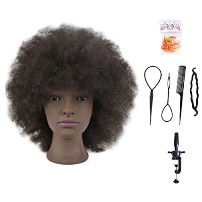 Afbeelding van Training Head African American with 100% Human Hair Mannequin Cosmetology Afro Manikin for Practice Styling Braiding Free Clamp+Braid Sets (Natural Black)
