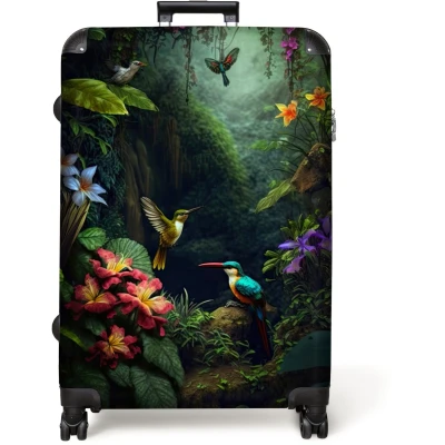 Afbeelding van NoBoringSuitcases.com® Koffer groot Reiskoffer lichtgewicht Bloemen Planten Jungle Vogels Rolkoffer met 4 wielen Grote trolley XL 98 liter bagage