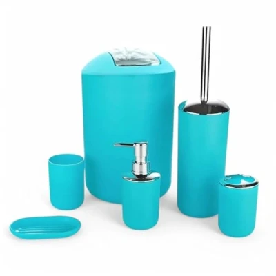 Afbeelding van GMMH Badset, 6 delig, diverse badkameraccessoires, met zeepdispenser en wc borstel (turquoise ontwerp 2)