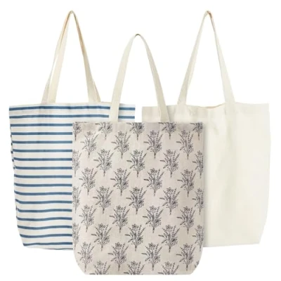 Afbeelding van Juvale Katoenen canvas herbruikbare boodschappentassen voor boodschappen, gereedschap, reizen, strand, 3 ontwerpen, 38 x 42 cm, Strepen, Bomen, Blank, 40 10 Utility