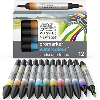 Afbeelding van Winsor &amp; Newton 0290167 Aquarelmarker 2 punten, penseel en fijne punt, lichtecht, hoog gepigmenteerde aquarelverf voor kalligrafie, tekeningen Water Colour Marker, Set Landscape 12 Stuks